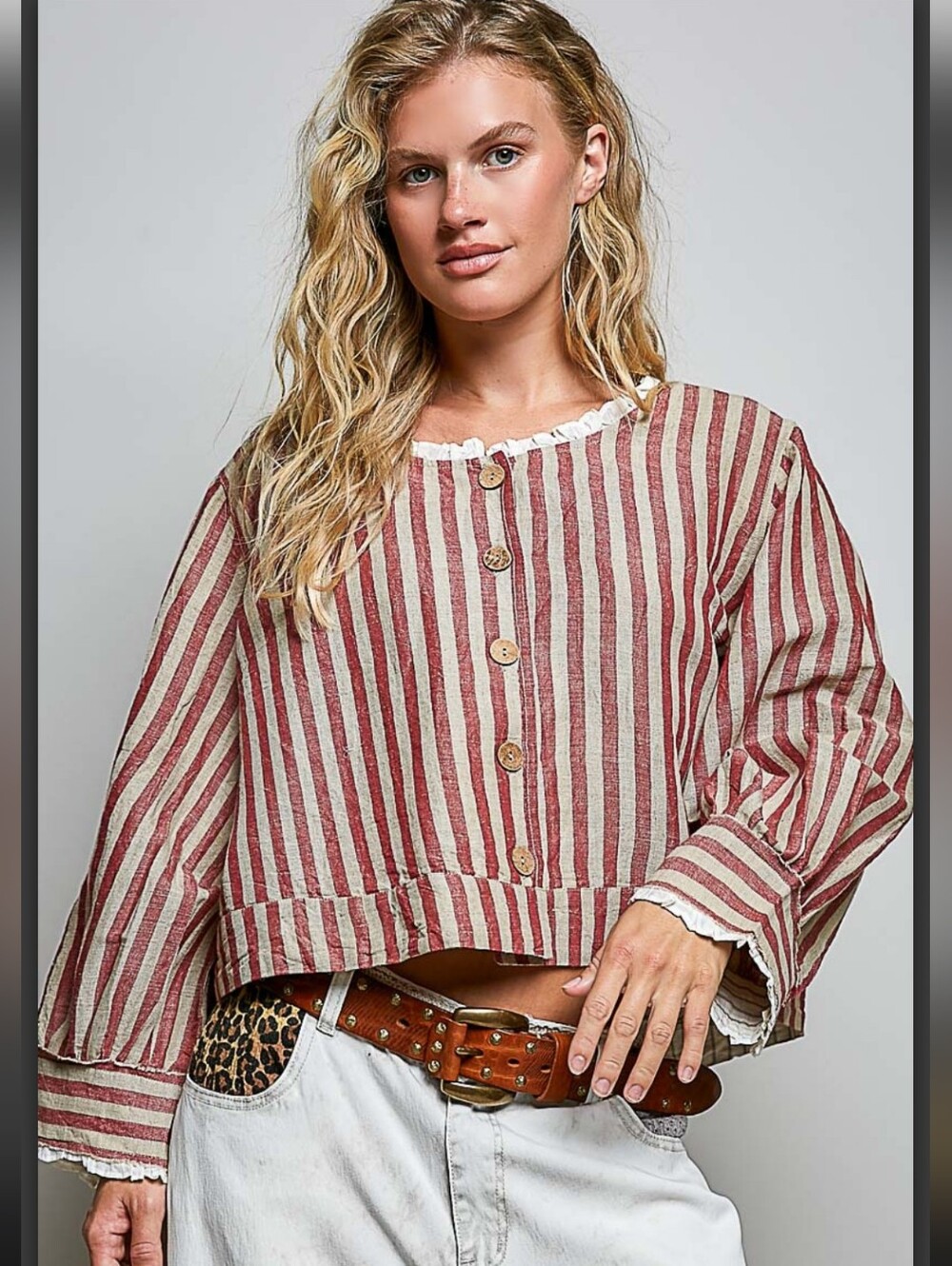 #1784 POL Rustic Stripe Button Front Crop Top